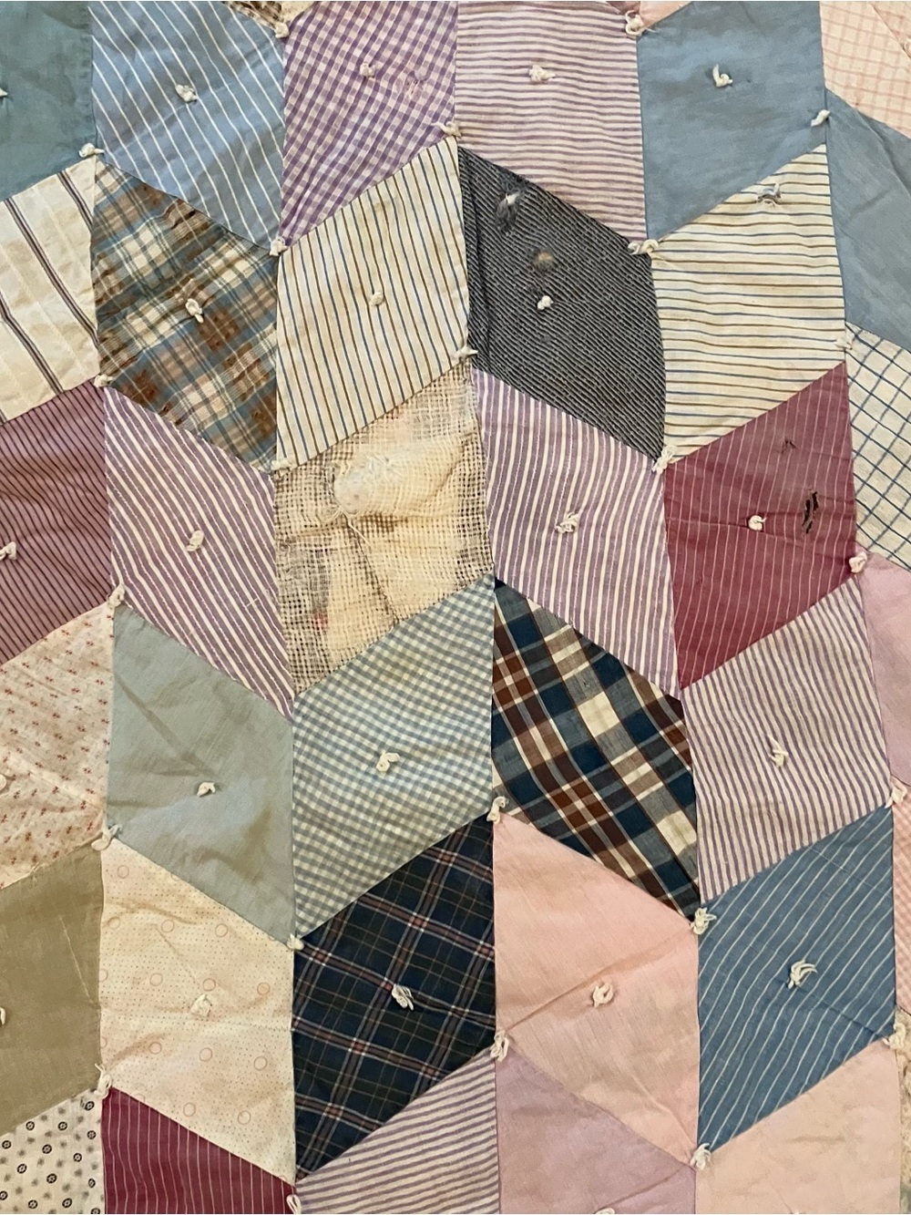 VTG Handmade Hand Quilted Diamond Scrap 70x 75 Twin Throw Quilt Farmhouse - Picture 10 of 16